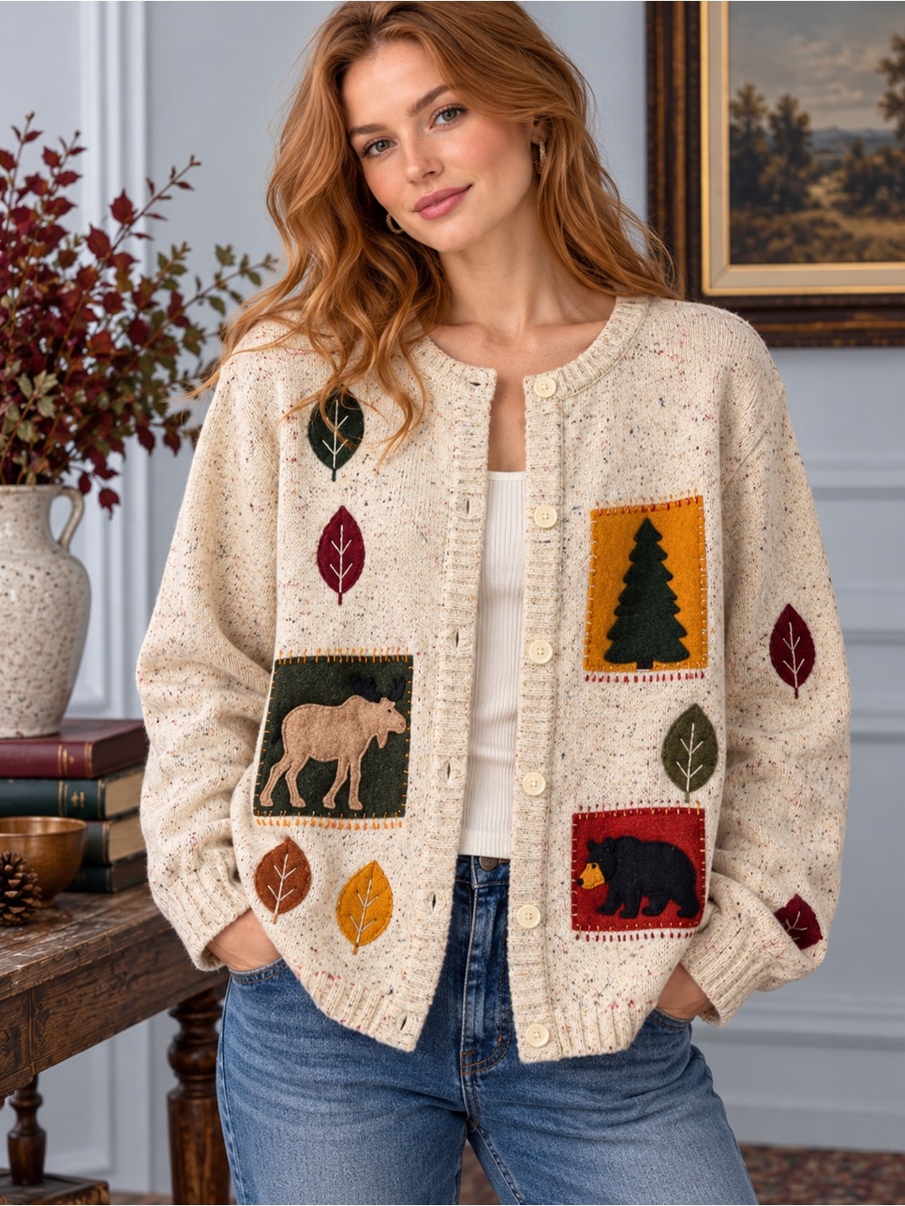 Vintage Sweater Woodland Cardigan Bear Moose Pine Tree Appliqué Cabin Lodge L